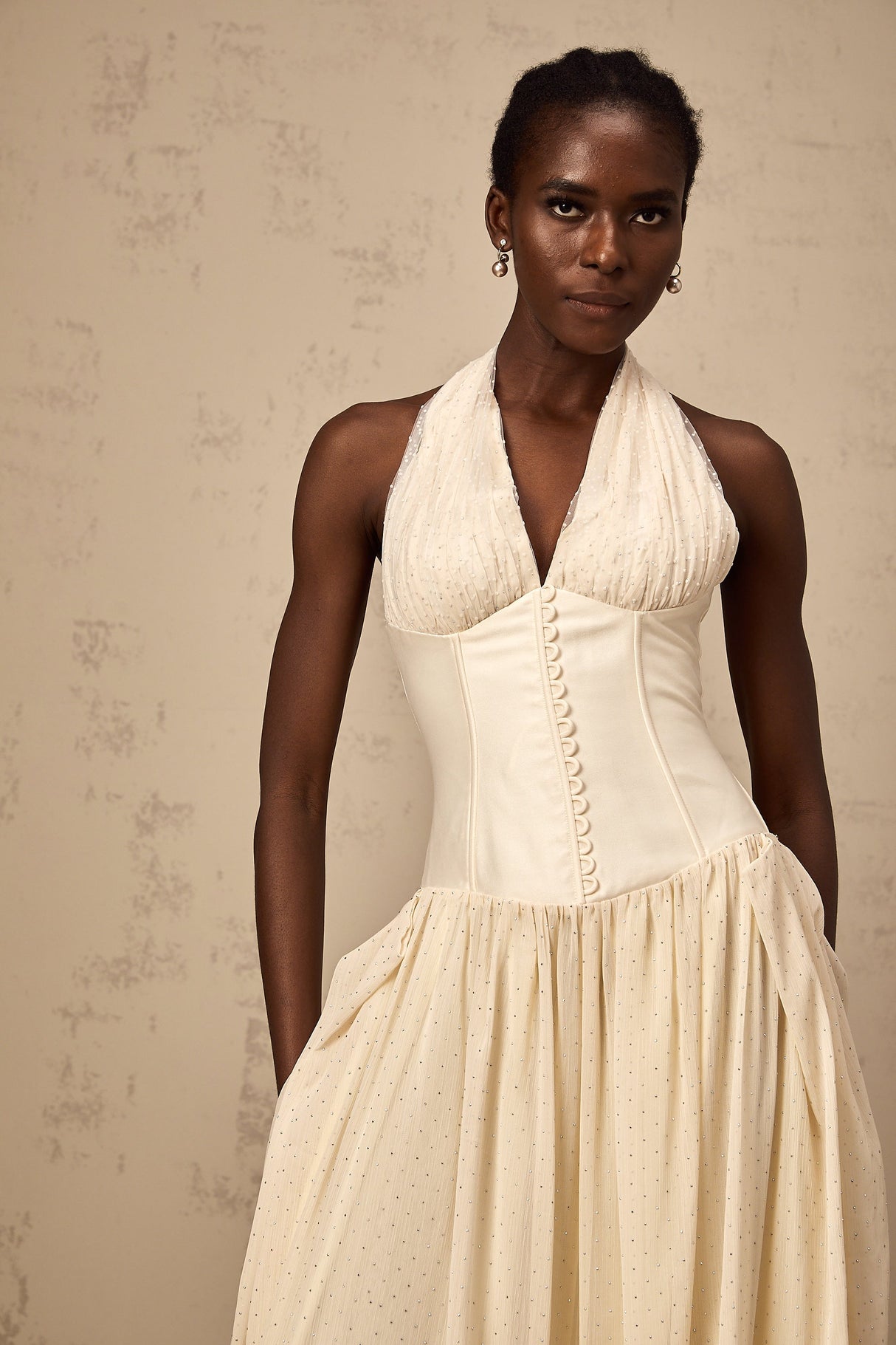 Aurohaya Charlotte halterneck tulle midi dress