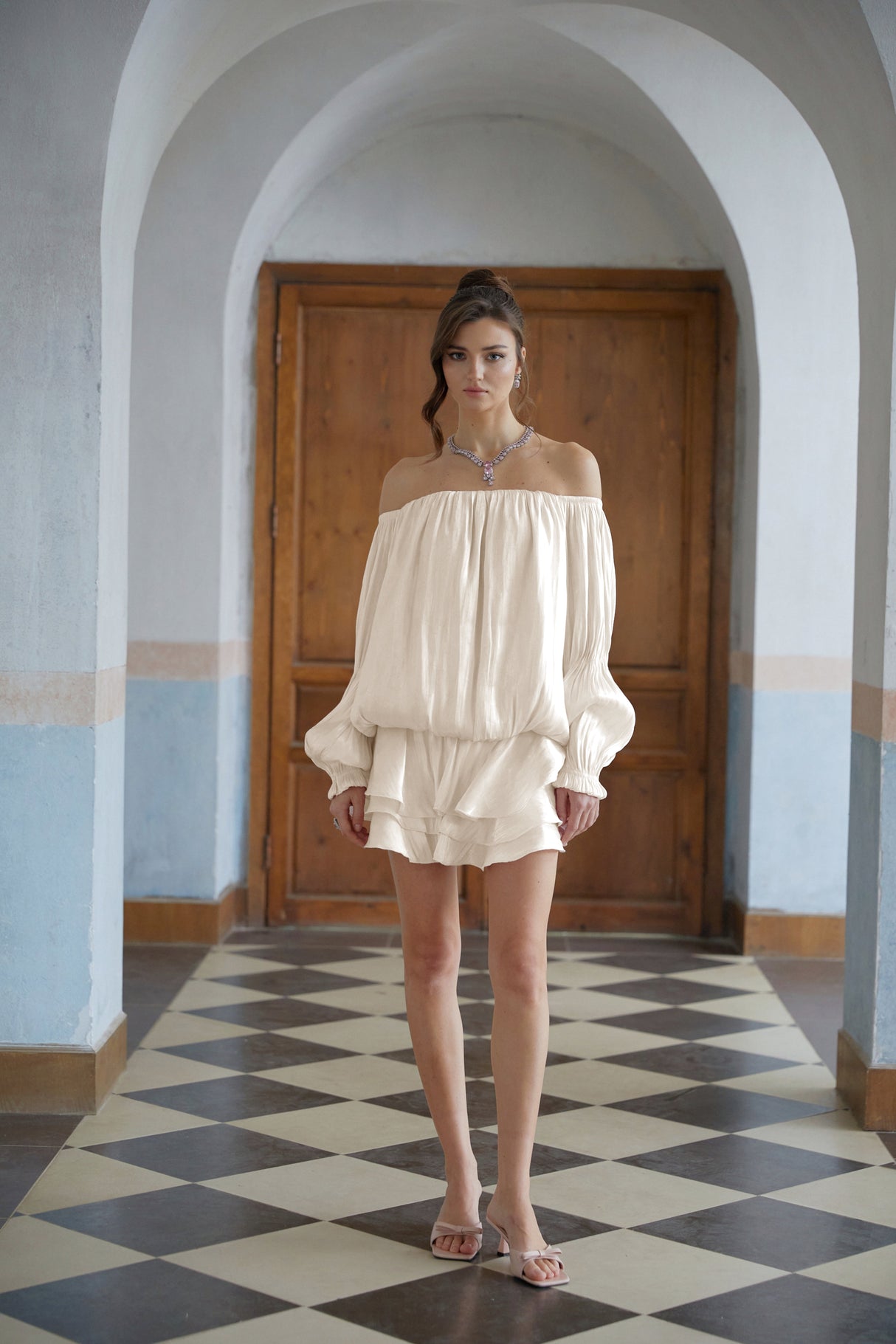 Aurohaya Florence White Glossy Pleated Tiered Mini Dress