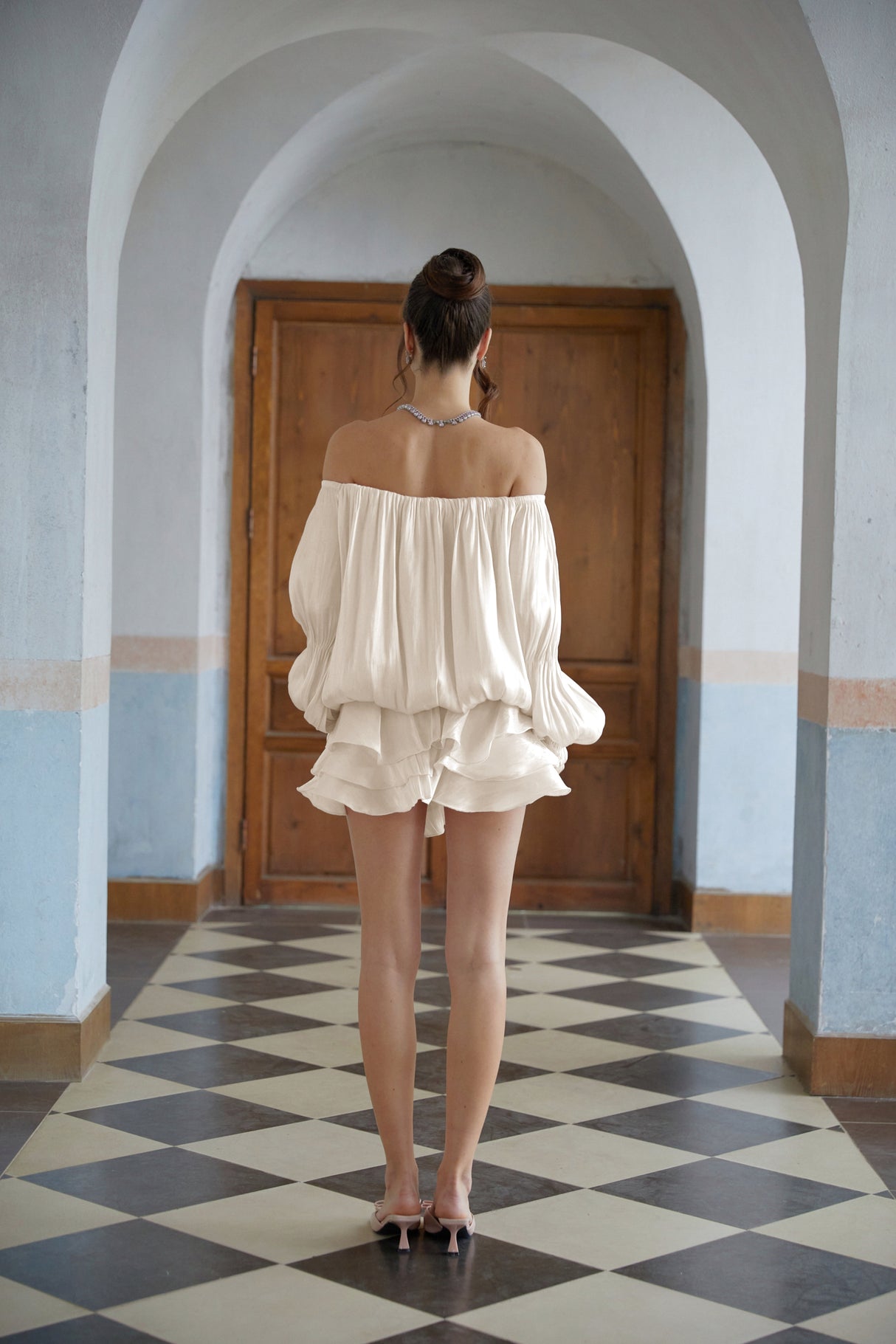 Aurohaya Florence White Glossy Pleated Tiered Mini Dress