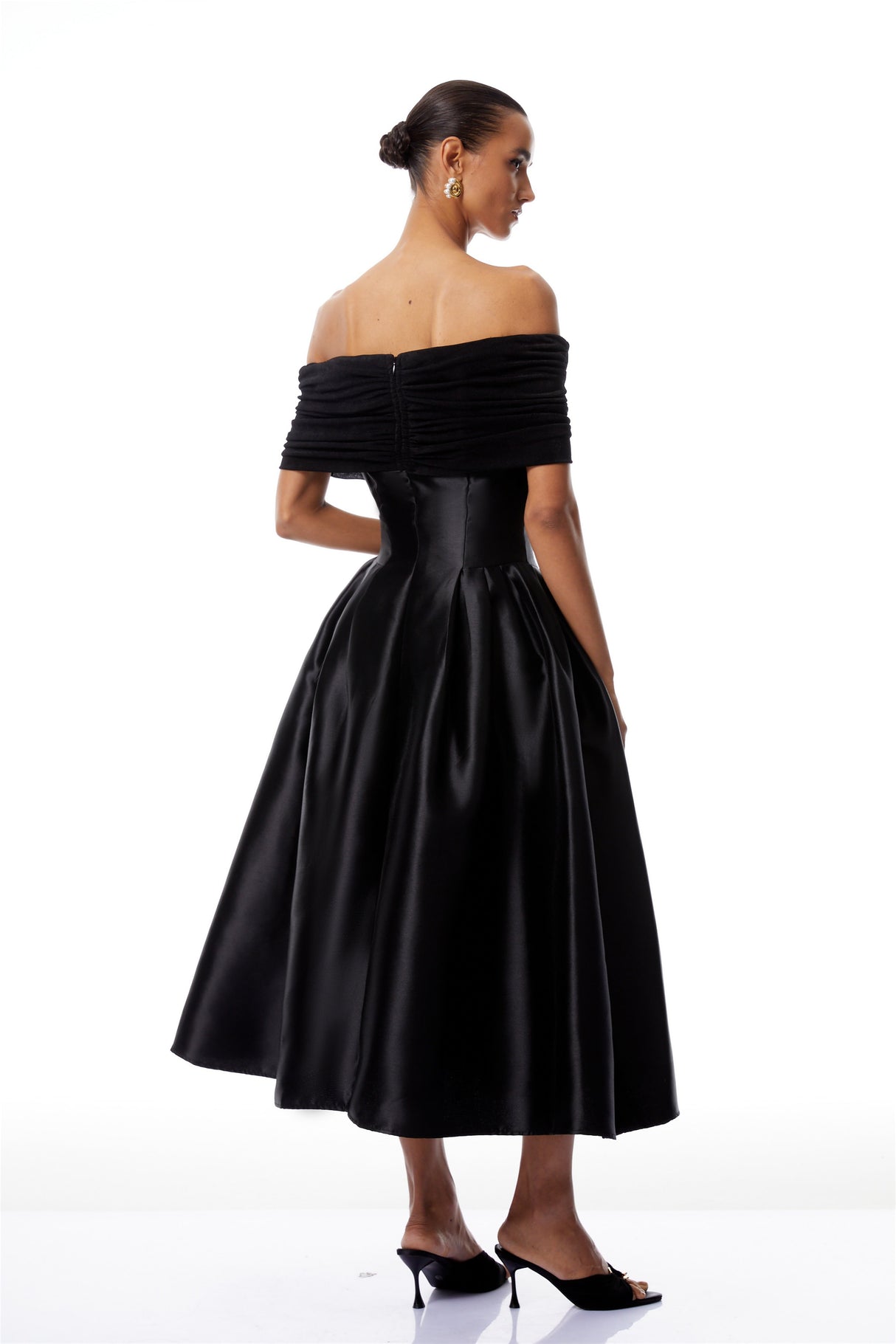 Aurohaya Anaïs Black Off Shoulder Polished Midi Dress