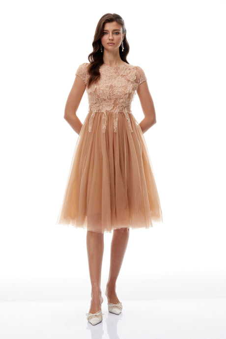 Aurohaya Fern Brown Lace Panel Tulle Midi Dress