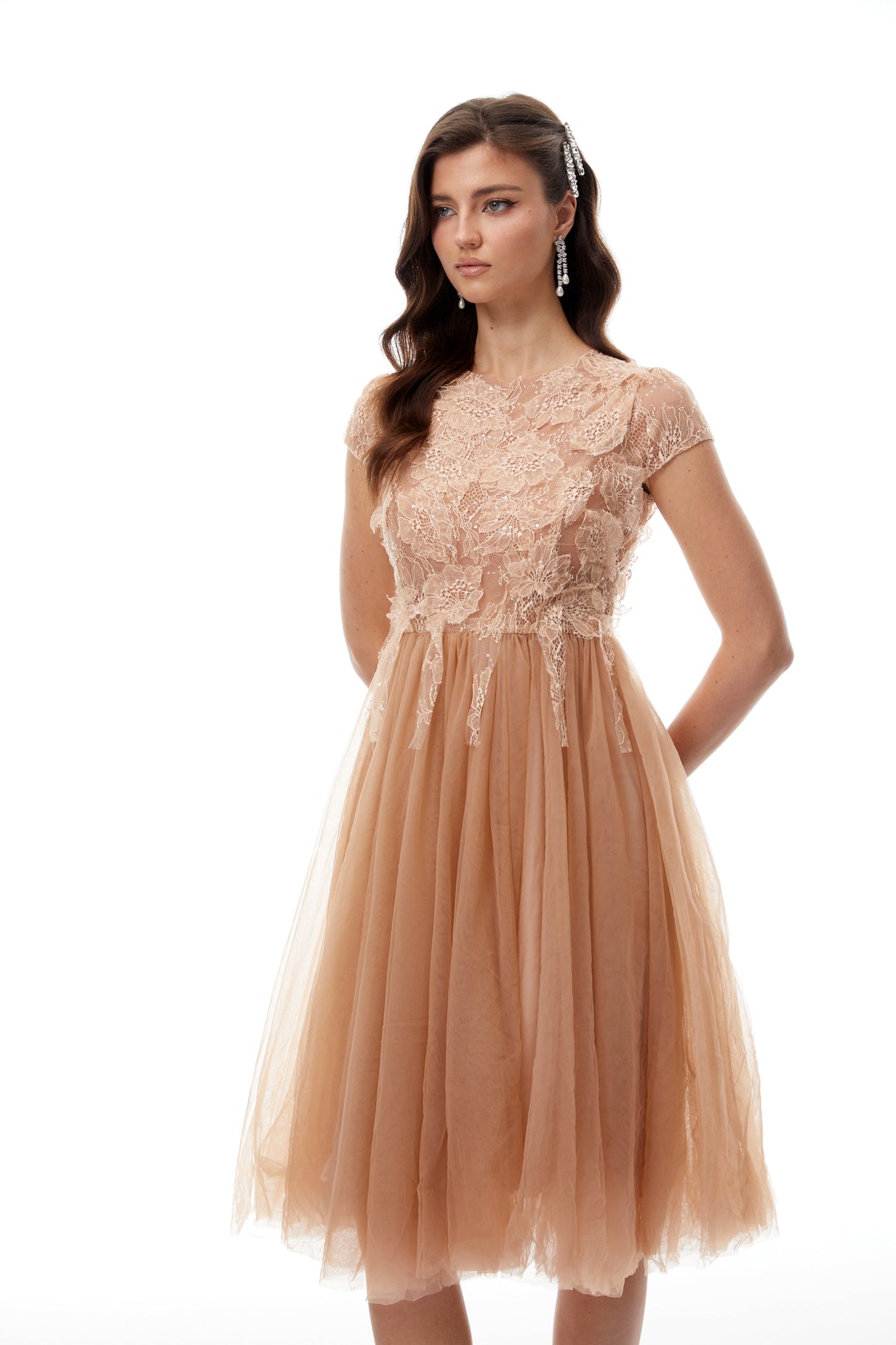Aurohaya Fern Brown Lace Panel Tulle Midi Dress