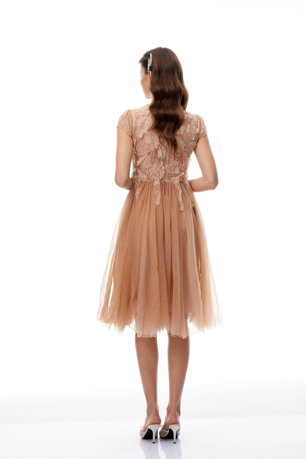 Aurohaya Fern Brown Lace Panel Tulle Midi Dress