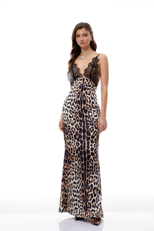Aurohaya Marta Brown Lace Panel Leopard Satin Maxi Dress