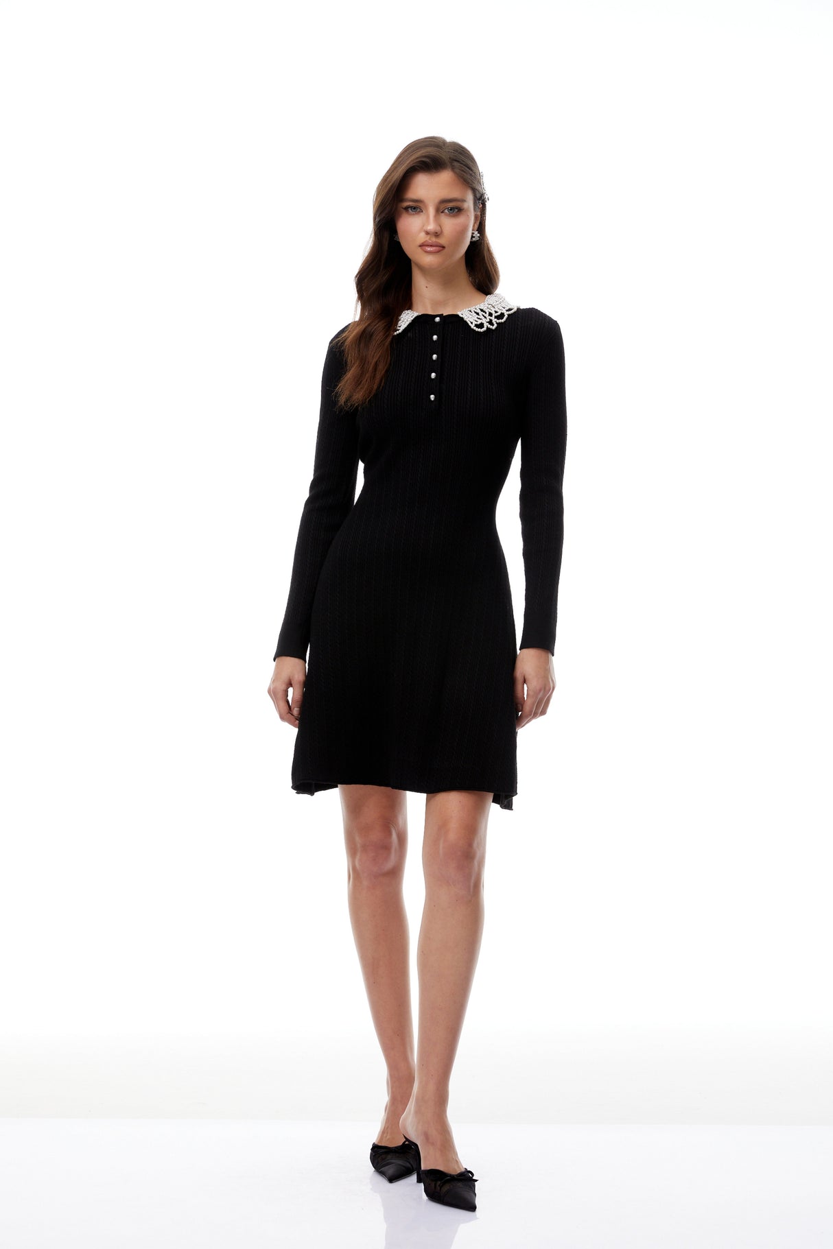 Aurohaya Lucia Black Pearl Trim Knit Mini Dress