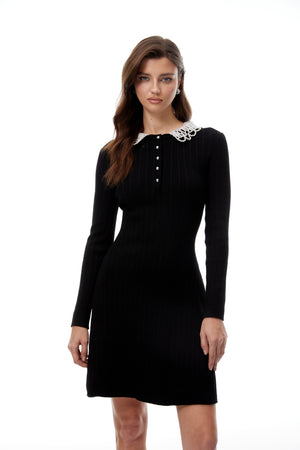 Aurohaya Lucia Black Pearl Trim Knit Mini Dress