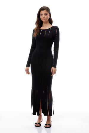 Aurohaya Ylva Black Cut Out Fringed Knit Midi Dress