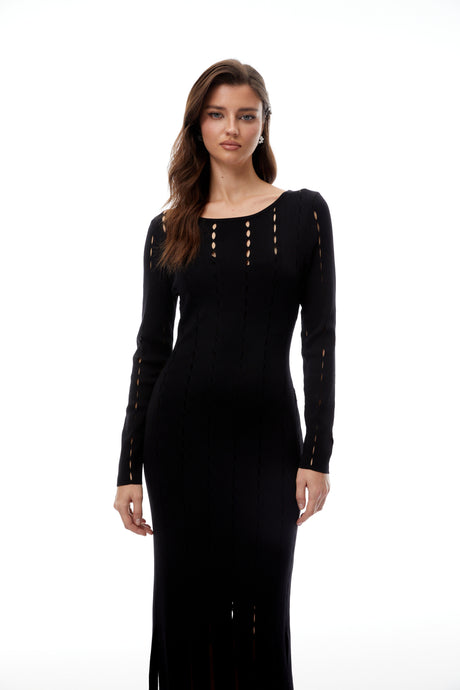 Aurohaya Ylva Black Cut Out Fringed Knit Midi Dress