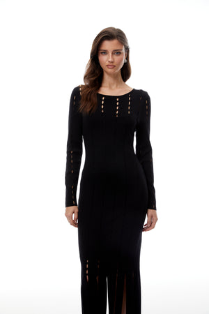 Aurohaya Ylva Black Cut Out Fringed Knit Midi Dress