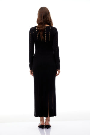 Aurohaya Ylva Black Cut Out Fringed Knit Midi Dress