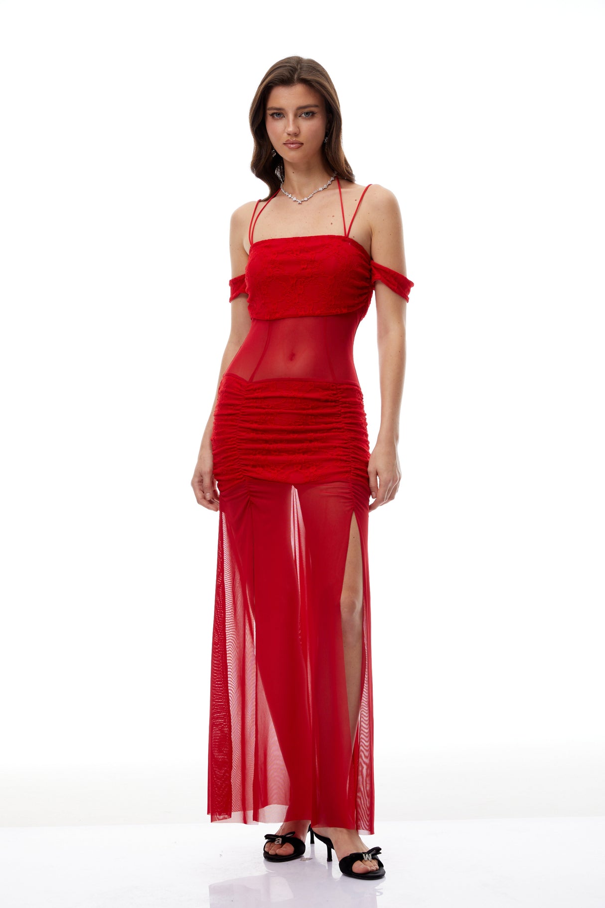 Aurohaya Tiril Red Ruched Lace Panel Meah Midi Dress