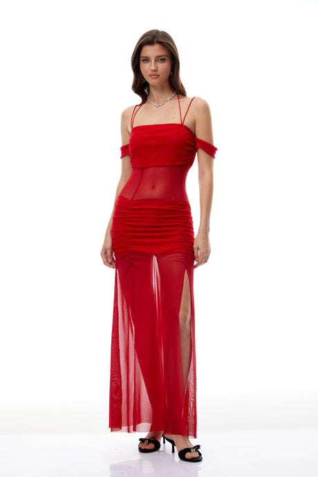 Aurohaya Tiril Red Ruched Lace Panel Meah Midi Dress