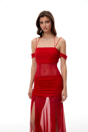 Aurohaya Tiril Red Ruched Lace Panel Meah Midi Dress