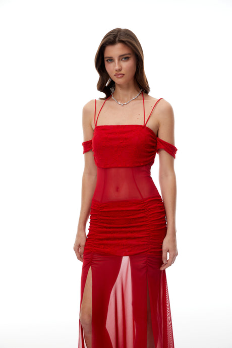 Aurohaya Tiril Red Ruched Lace Panel Meah Midi Dress