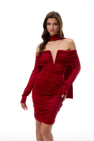 Aurohaya Jolie Red Off Shoulder Ruched Mini Dress
