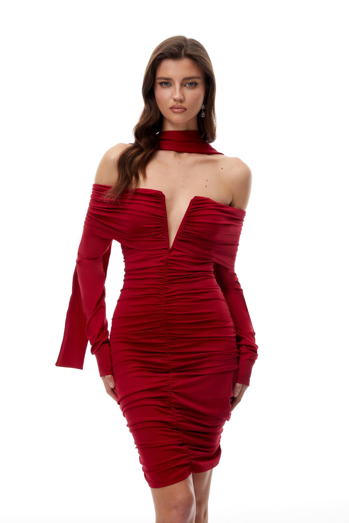 Aurohaya Jolie Red Off Shoulder Ruched Mini Dress