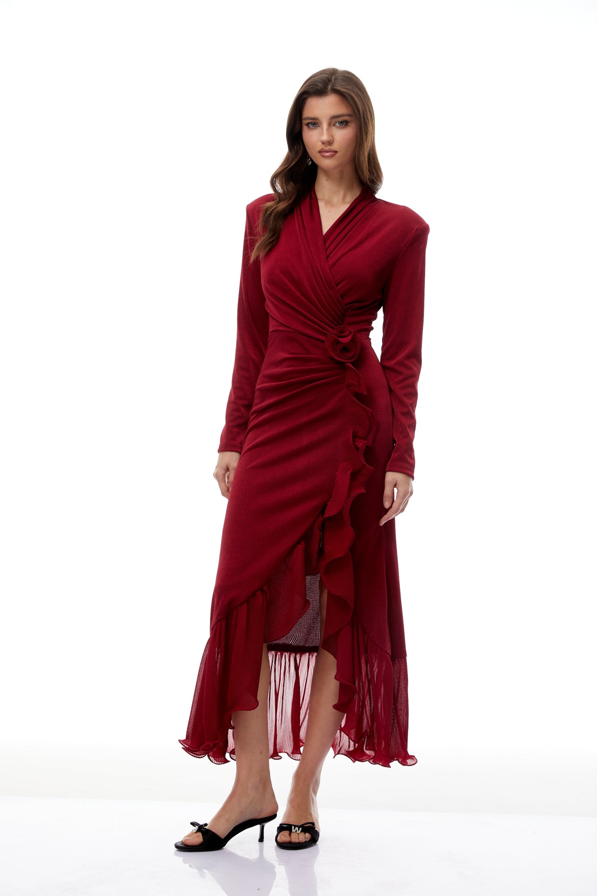 Aurohaya Synne Red Ruffled Gathered Knit Midi Dress