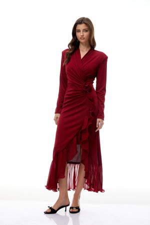 Aurohaya Synne Red Ruffled Gathered Knit Midi Dress