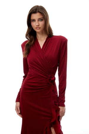Aurohaya Synne Red Ruffled Gathered Knit Midi Dress