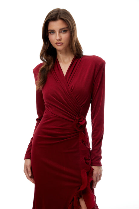 Aurohaya Synne Red Ruffled Gathered Knit Midi Dress