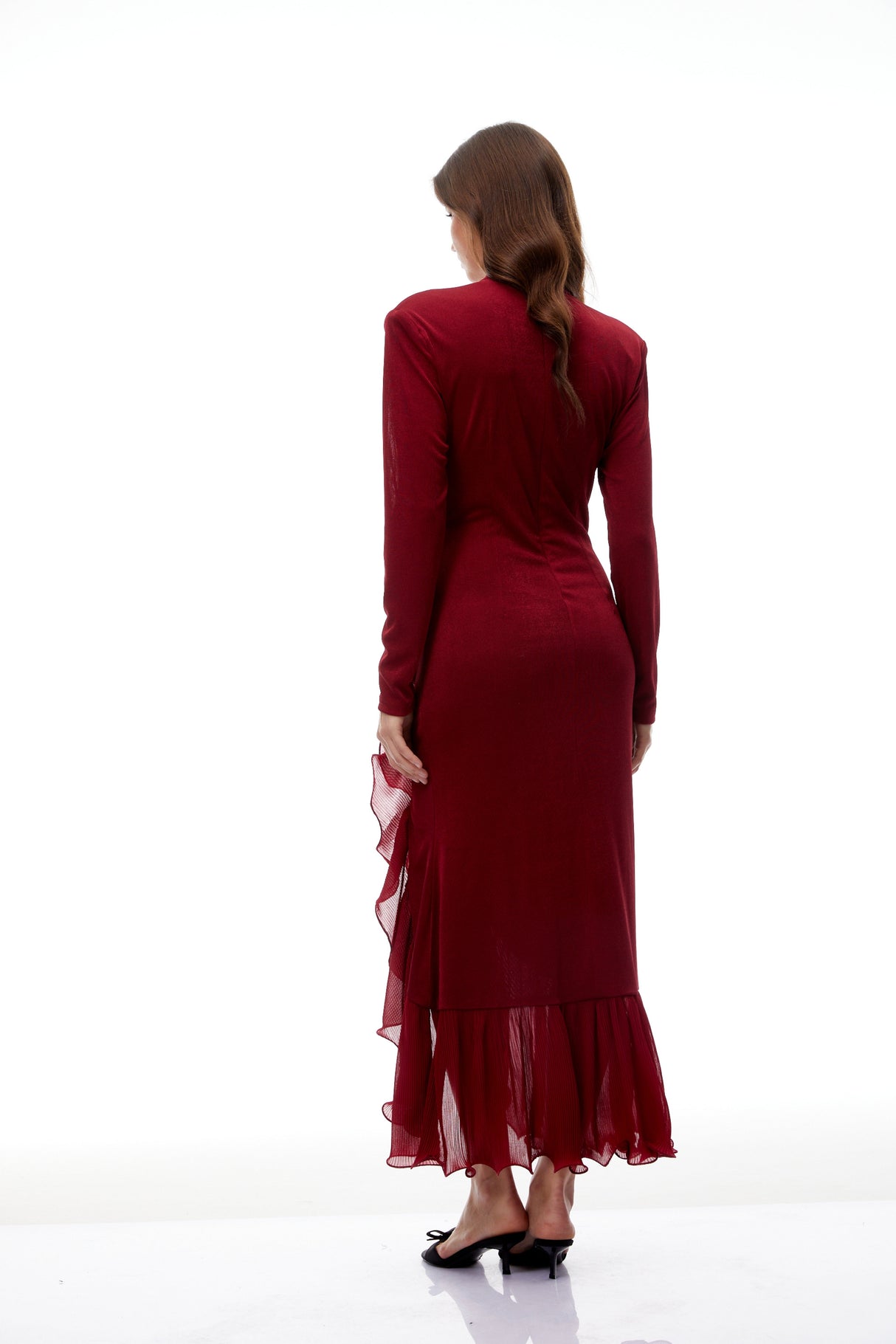 Aurohaya Synne Red Ruffled Gathered Knit Midi Dress