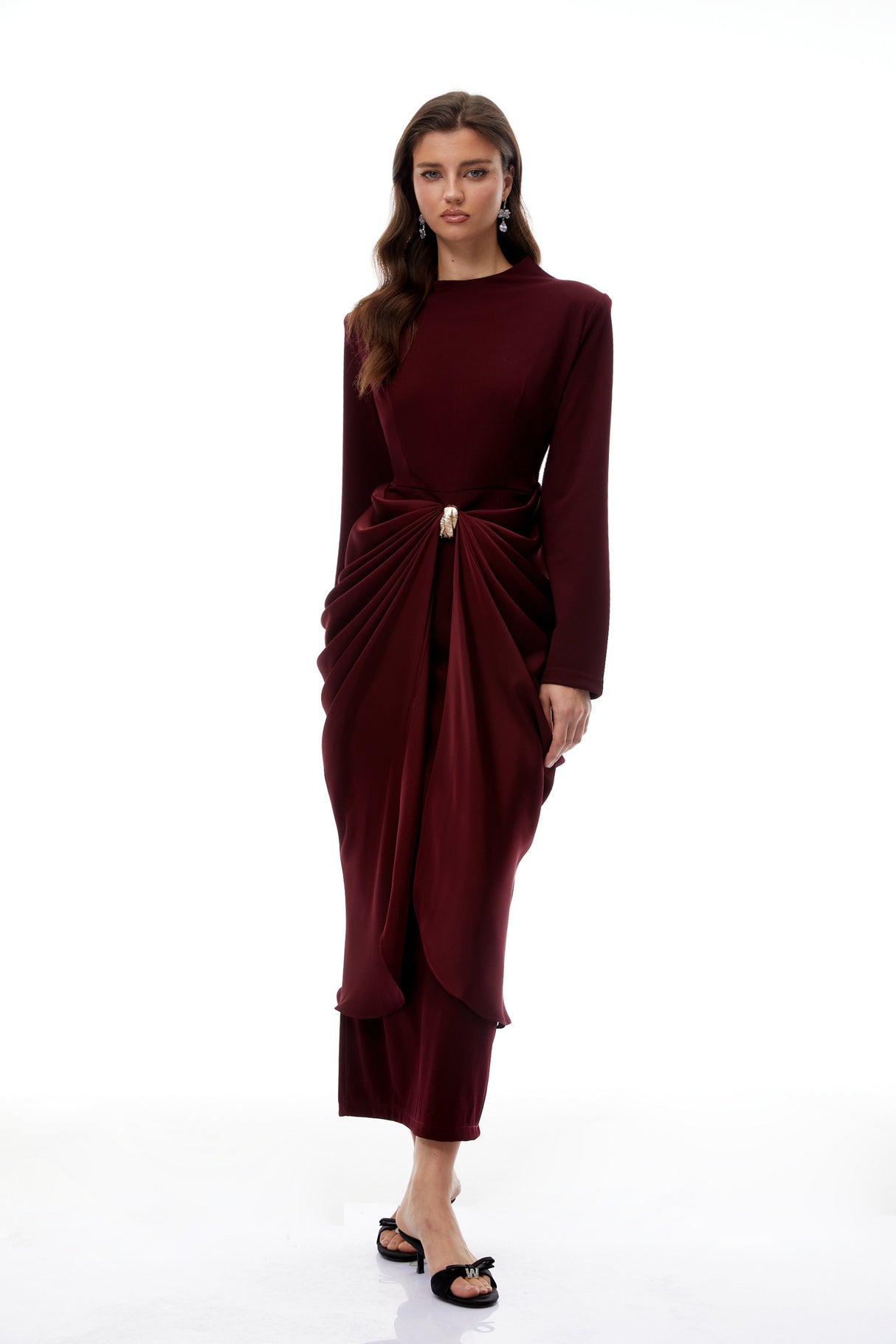 Aurohaya Piper Burgundy Draped Satin Panel Maxi Dress