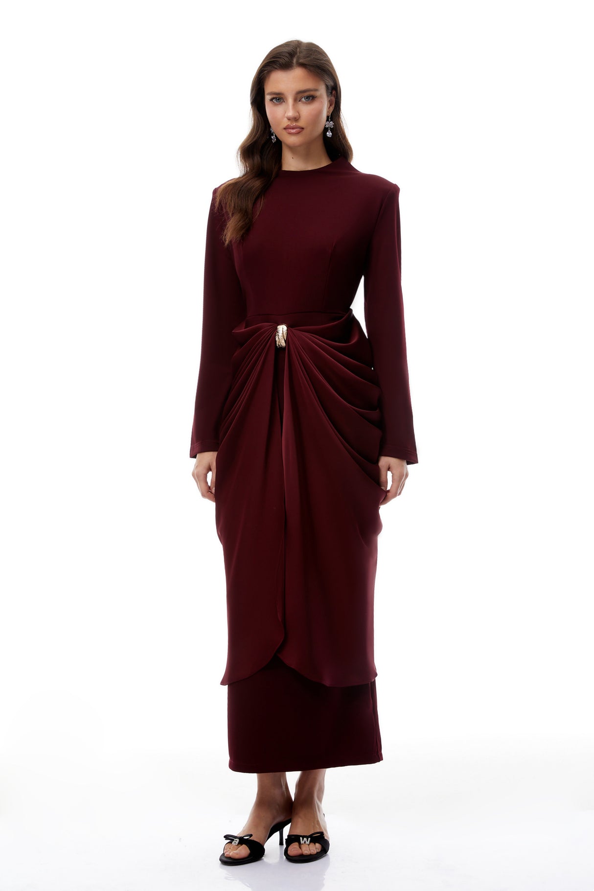 Aurohaya Piper Burgundy Draped Satin Panel Maxi Dress