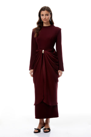 Aurohaya Piper Burgundy Draped Satin Panel Maxi Dress