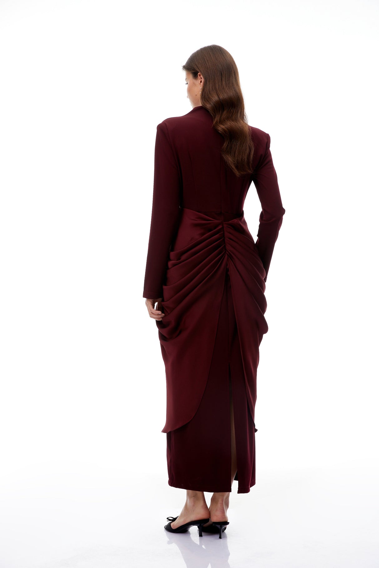Aurohaya Piper Burgundy Draped Satin Panel Maxi Dress