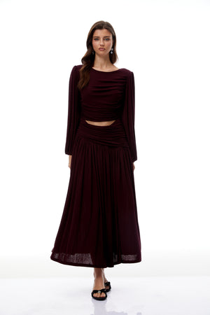 Aurohaya Fiorella Burgundy Cut Out Gathered Midi Dress