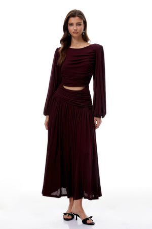 Aurohaya Fiorella Burgundy Cut Out Gathered Midi Dress