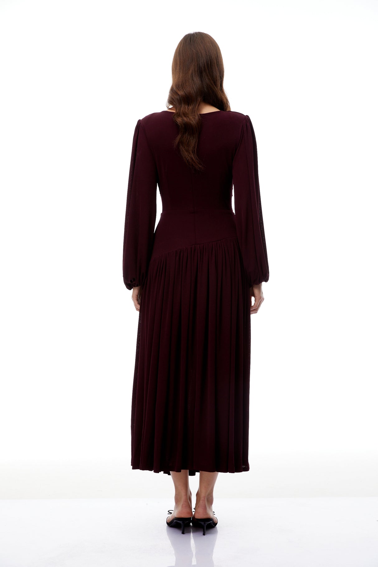 Aurohaya Fiorella Burgundy Cut Out Gathered Midi Dress