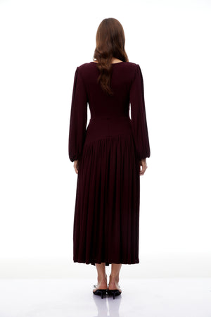 Aurohaya Fiorella Burgundy Cut Out Gathered Midi Dress