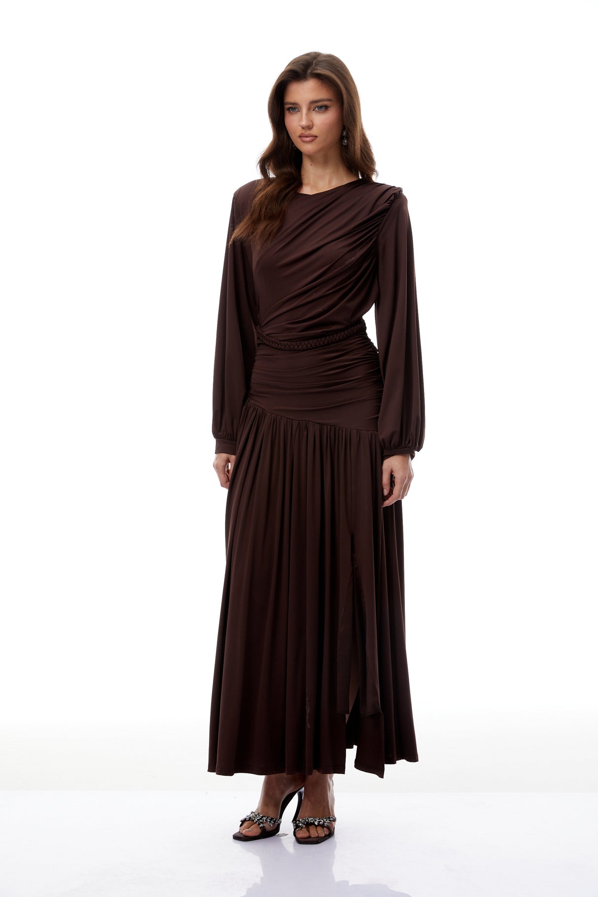 Aurohaya Tabitha Brown Braid Detail Ruched Maxi Dress