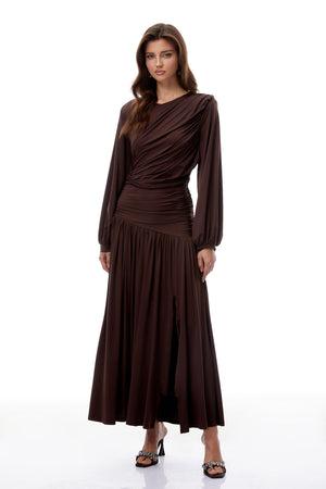 Aurohaya Tabitha Brown Braid Detail Ruched Maxi Dress