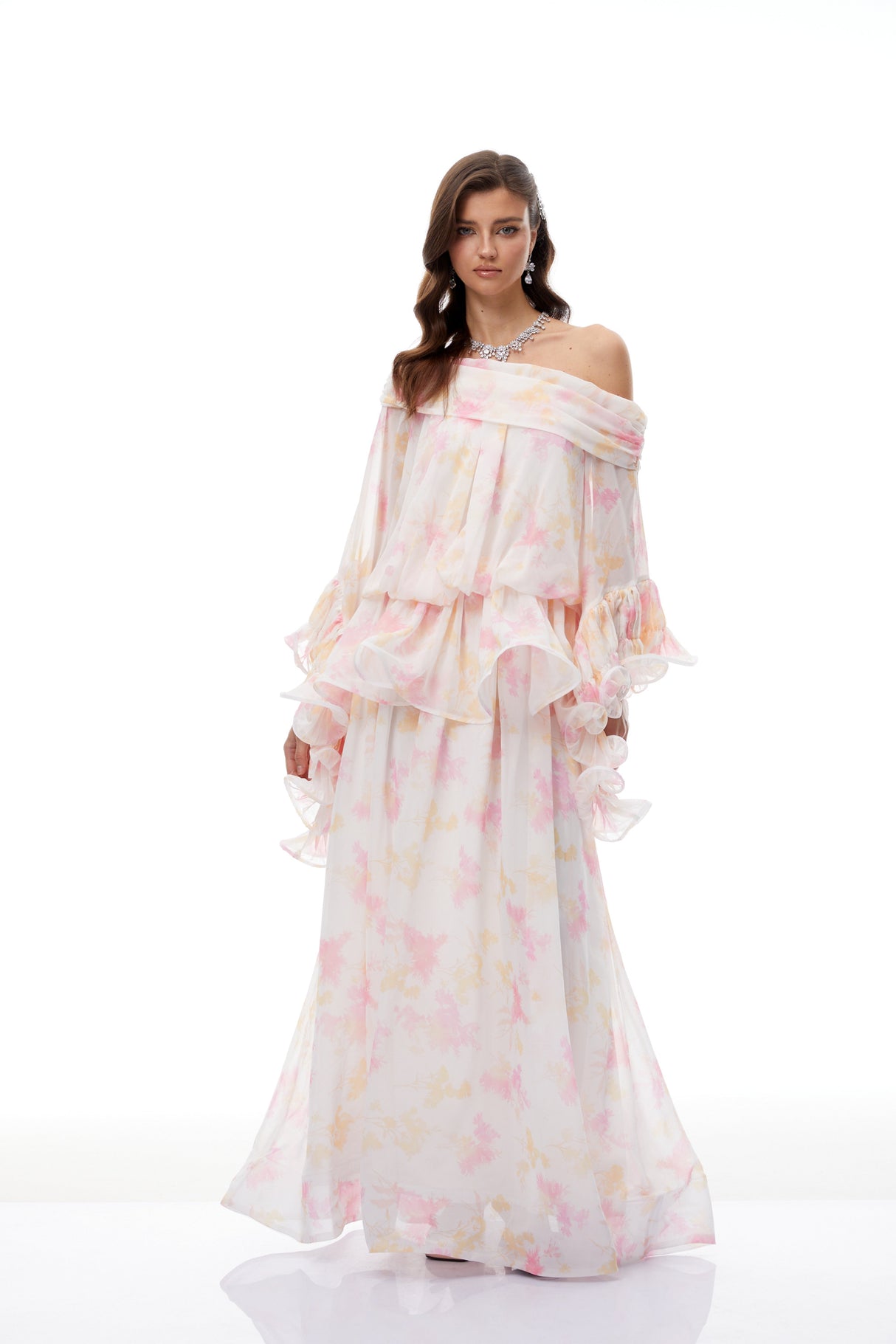 Aurohaya Rolf White Floral Print Ruffled Maxi Dress