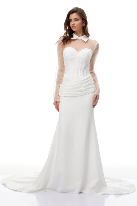 Aurohaya Ivana White Train Design Corset Maxi Dress