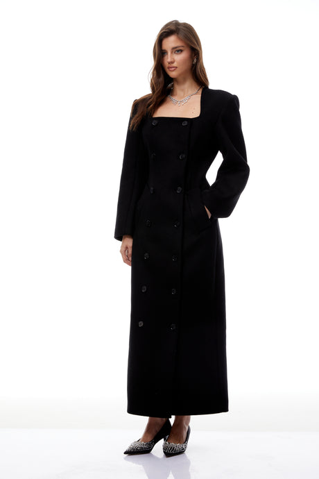 Aurohaya Oline Black Double-Breasted Maxi Blazer Dress