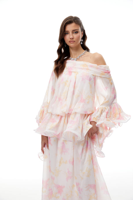 Aurohaya Rolf White Floral Print Ruffled Maxi Dress