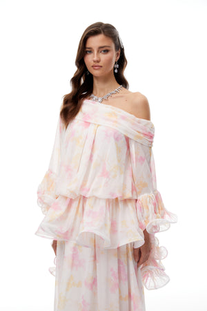 Aurohaya Rolf White Floral Print Ruffled Maxi Dress