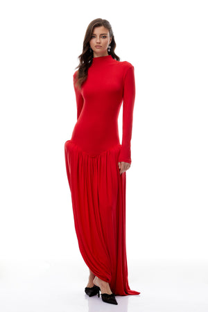 Aurohaya Sagesse Red Open Back Asymmetrical Maxi Dress