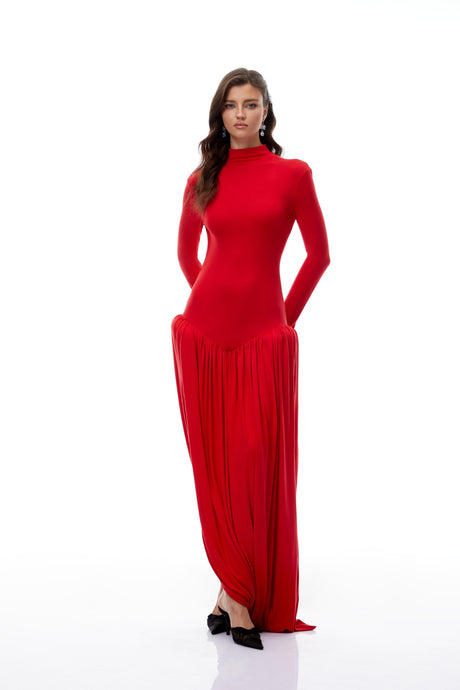 Aurohaya Sagesse Red Open Back Asymmetrical Maxi Dress