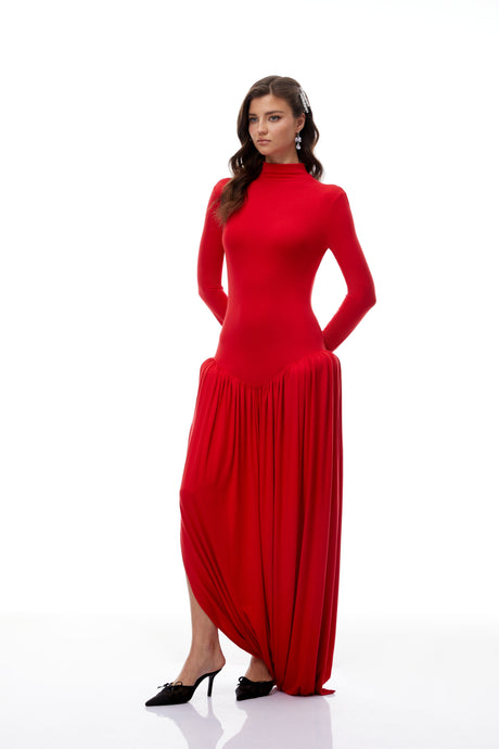 Aurohaya Sagesse Red Open Back Asymmetrical Maxi Dress