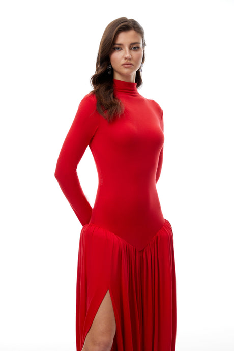 Aurohaya Sagesse Red Open Back Asymmetrical Maxi Dress