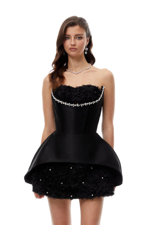 Aurohaya Elowen Black Embellished Floral Panel Mini Dress