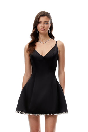 Aurohaya Wallis Black V-Neck Embellished Hem Mini Dress