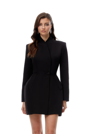 Aurohaya Marjorie Black Stand Collar Mini Blazer Dress