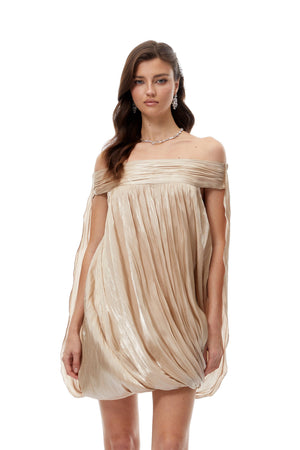 Aurohaya Anastasia Neutral Draped Glossy Mini Dress