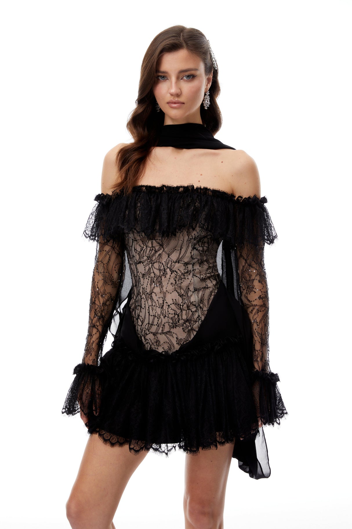 Aurohaya Erling Black Sequined Floral Lace Mini Dress