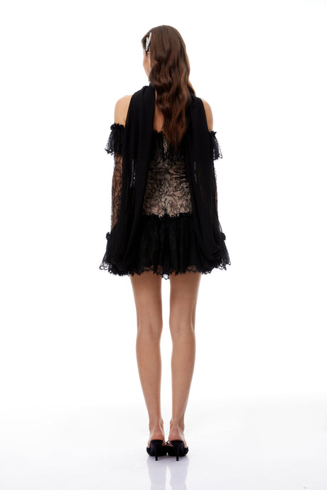 Aurohaya Erling Black Sequined Floral Lace Mini Dress